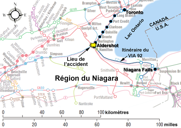Figure 2. Itinéraire du train et lieu de l'accident (source : Association des chemins de fer du Canada, Atlas des chemins de fer canadiens)