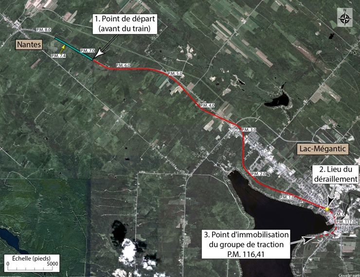 Carte qui indique les 3 endroits sur lesquels l'enquête s'est concentrée : Nantes, le centre-ville de Lac-Mégantic et point milliaire 116,41 de la subdivision Moosehead