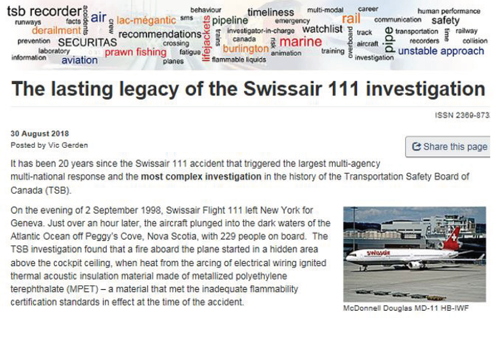 Blog contribution by former TSB investigator Vic Gerden on the Swissair investigation