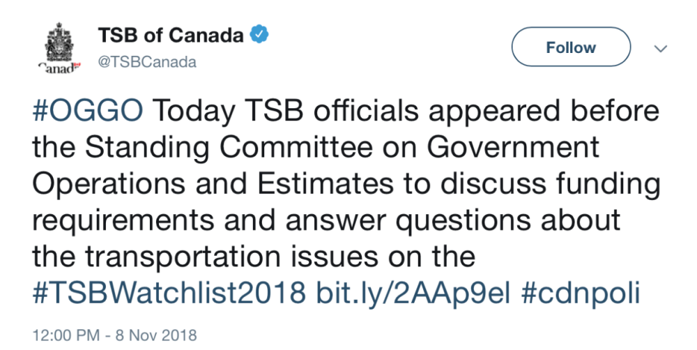  Tweeting TSB appearances before Parliament