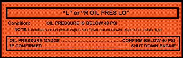 Image of the emergency checklist for low oil pressure (Source: NT Air Quick Reference Handbook)