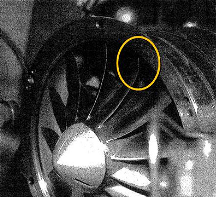 Image of ice test engine damage highlighted, described above