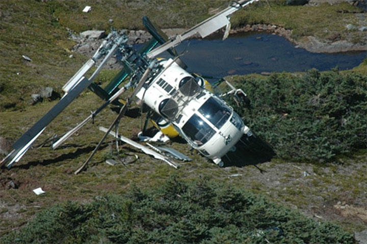 Image of damaged helicopter at the accident site
