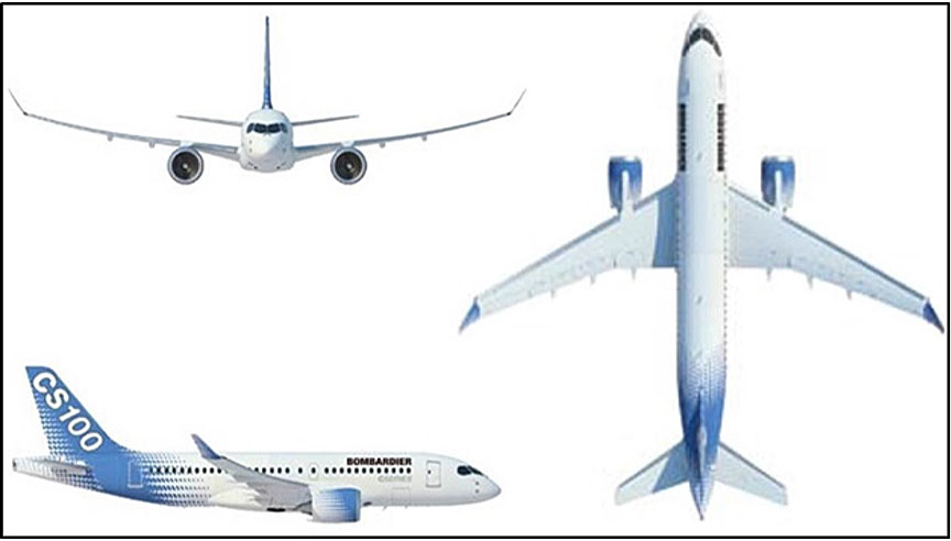 Three views of the CS100 aircraft (Source: Bombardier Inc.)