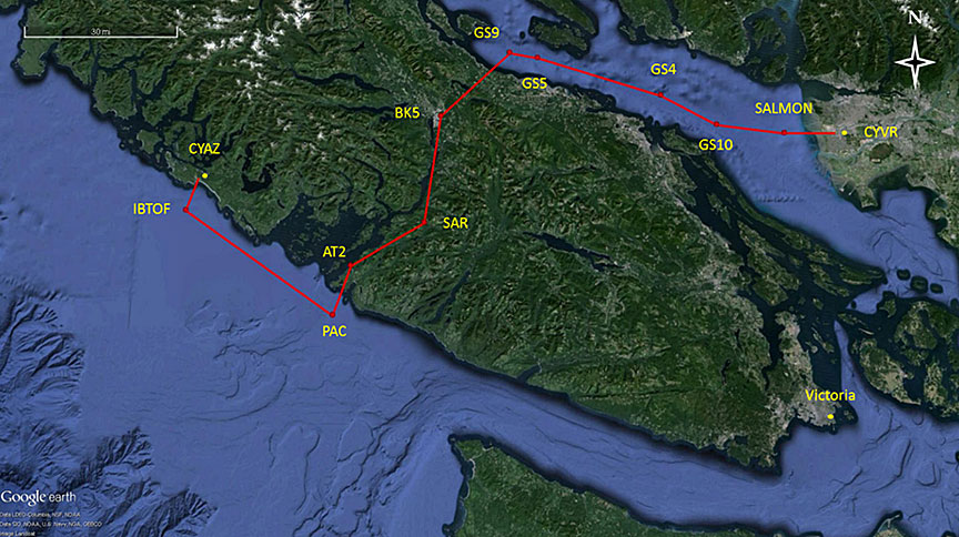 Helijet night visual flight rules route (Source: Google Earth, with TSB annotations)