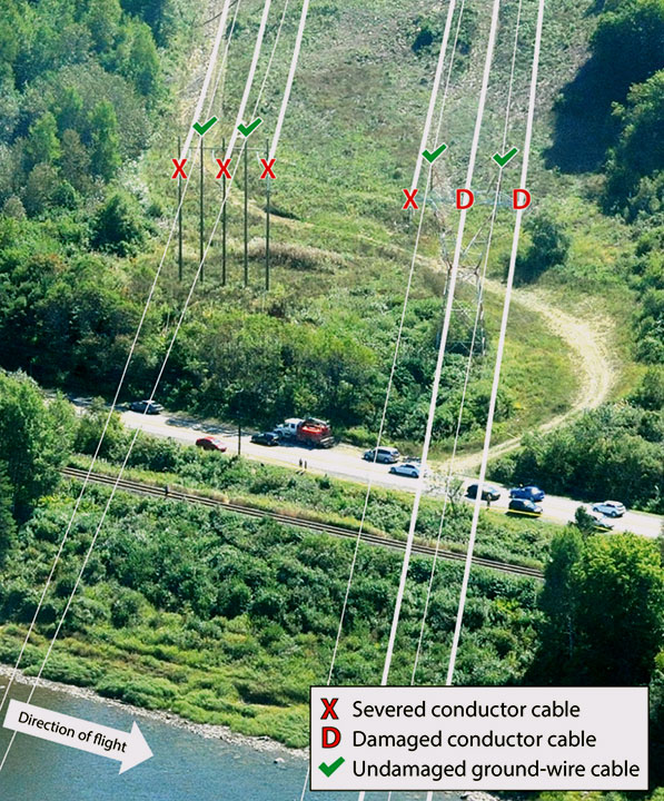 The Flatlands–Long Island power transmission lines, indicating damaged wires. The conductor cables are represented by thick white lines, and the ground-wire cables by thin white lines. (Source: NB Power, with TSB annotations)