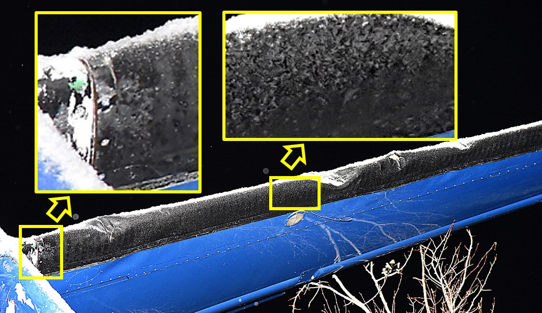 Photo of left horizontal stabilizer, with 2 inset images showing ice contamination on leading edge (Source: Royal Canadian Mounted Police, with TSB annotations)