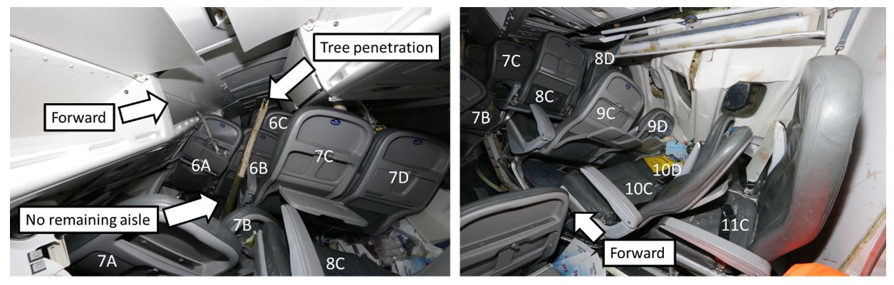 Photos of the displaced cabin seats in rows 6 to 11, a tree that had penetrated the cabin (left), and the obstruction to the aisle (right). Seats are labelled by row number (6 to 11) from front to back, and seat designator (A to D) from left to right. (Source: TSB)
