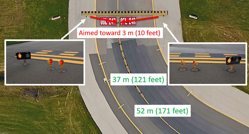 Current aim point of elevated stop-bar lights at rapid exit taxiways of Runway 06L/24R