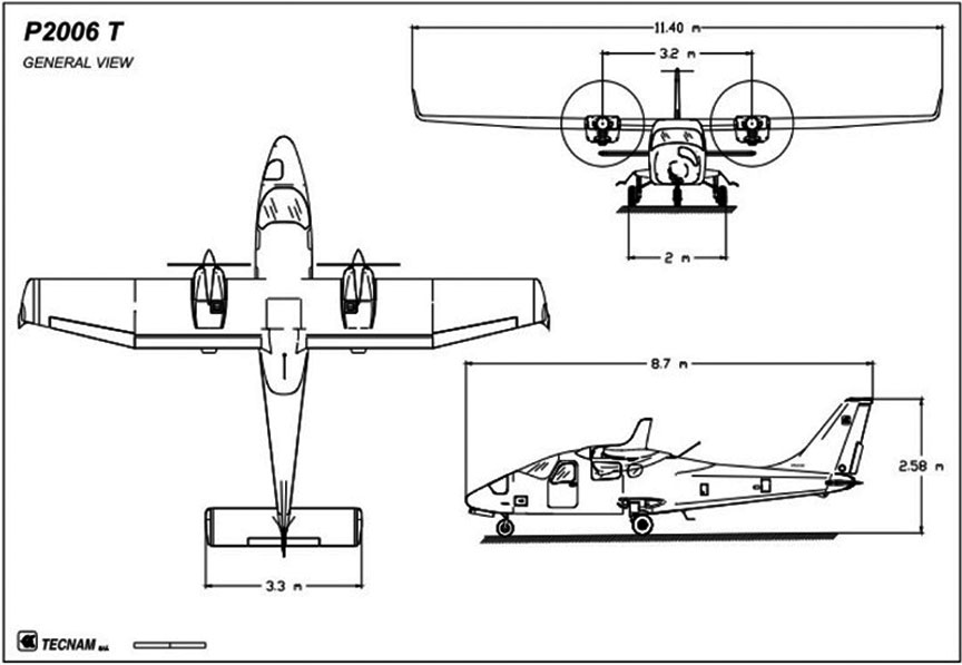 Dimensions of Tecnam P2006T (Source: Construzioni Aeronautiche, <em>Aircraft Maintenance Manual—TECNAM P2006T</em>, Doc. No. 2006/045, 2nd Edition, Revision 2 (29 September 2012), Chapter 6-00: Dimensions and Areas, p. 2)