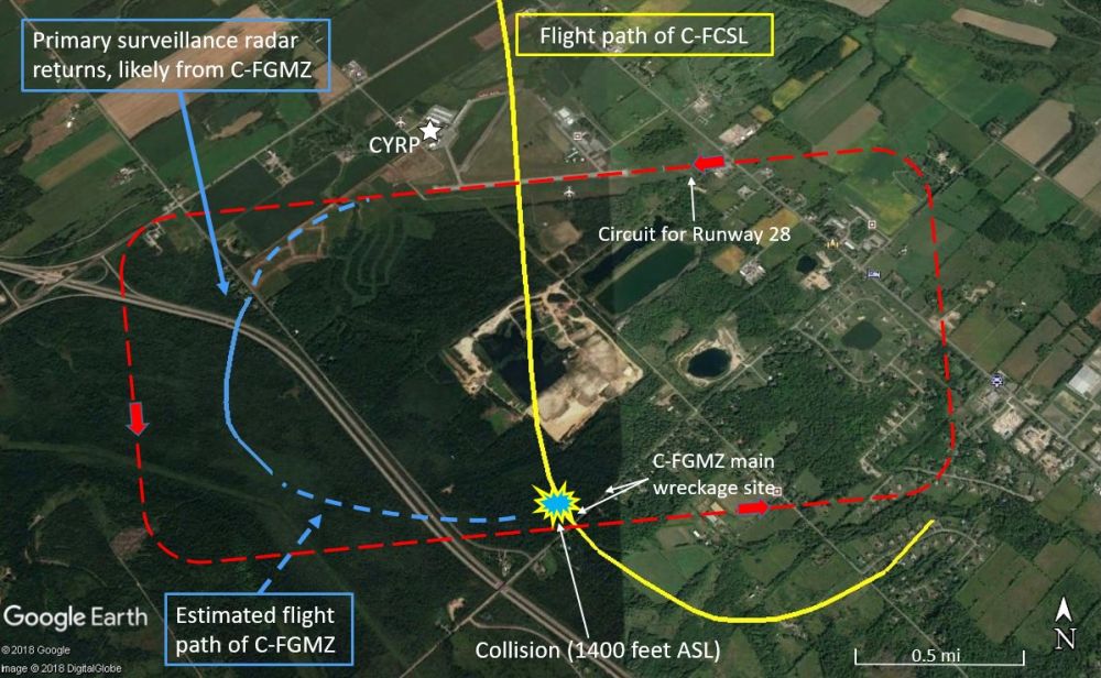  Flight paths of the Piper (C-FCSL) and the Cessna (C-FGMZ). The left-wing outboard section of C-FGMZ was found 635 feet southwest of the  main wreckage site. (Source: Google Earth, with TSB annotations)