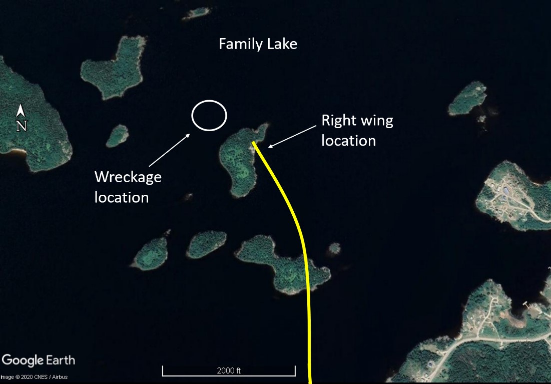 Wreckage site and final flight path (Source: Google Earth, with TSB annotations)