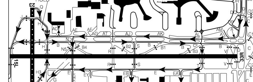 Schematic of Runway 15L/33R showing all intersecting taxiways (indicated by letters) (Source: NAV CANADA, Canada Air Pilot Vol. 4, p. 721)