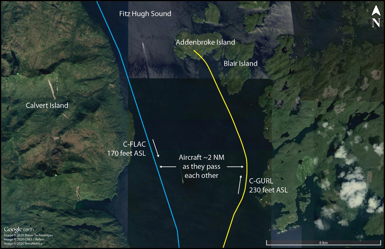 Aerial view showing the flight paths and altitudes of C-FLAC and C-GURL  in Fitz Hugh Sound, as well as the distance between the 2 aircraft when they passed each other, just before the accident (Source: Google Earth, with TSB annotations)