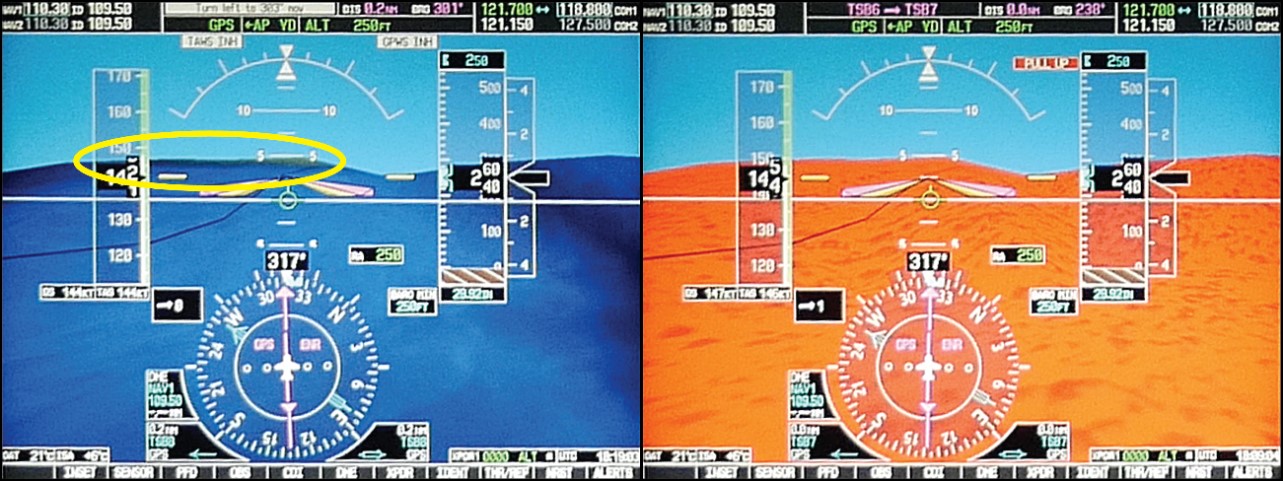 Comparison of the geometry of the surface textures depicting Addenbroke Island as shown on the aircraft’s primary flight display with the forward looking terrain awareness inhibited (left image), and with the forward looking terrain awareness enabled (right image) when flown at 250 feet above ground level (Source: TSB)