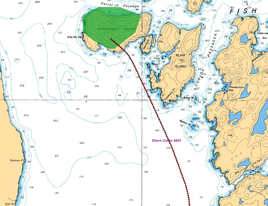 Screen pixel-based comparison of the installed Garmin G1000 basemap (shaded overlay) and the actual land mass for Addenbroke Island. The dotted line represents the actual track of the occurrence aircraft. (Source: Canadian Hydrographic Service Chart No. 3934, with TSB annotations)