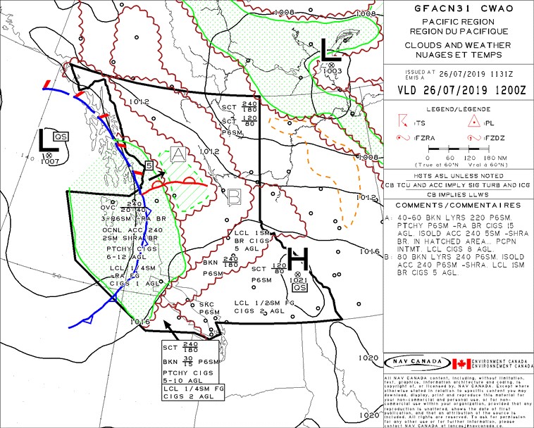 Graphic area forecast – Clouds and weather chart valid at 0500 Pacific Daylight Time (1200Z) (Source: NAV CANADA)