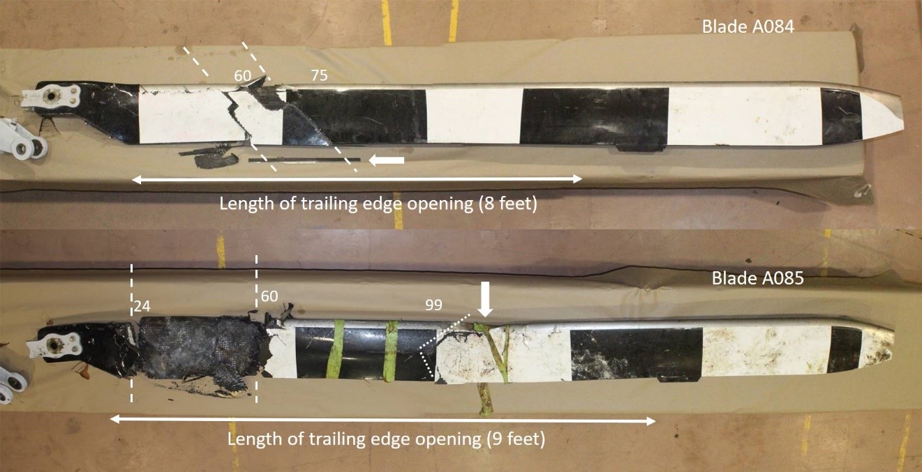 Overall view of both main rotor blades (serial numbers A084 [top] and A085 [bottom]) and general description of damage (Source: TSB)