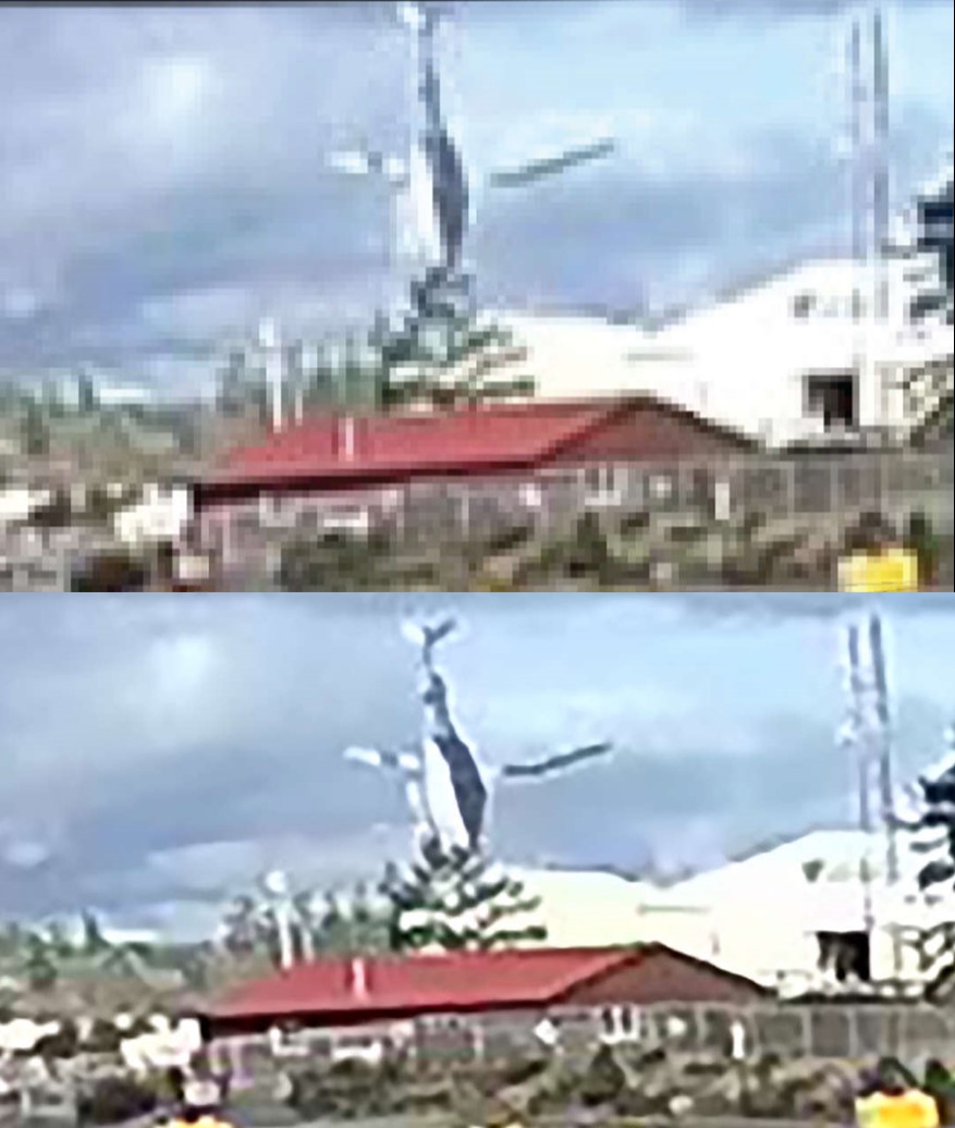 Original (top) and enhanced (bottom) video frame from closed-circuit television (CCTV) video showing the position and deformation of the main rotor blades (Source: Third party, with TSB enhancements)