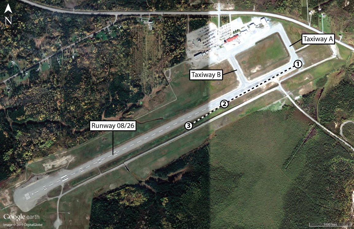 Estimated path of the occurrence aircraft on its take-off roll at the Rouyn-Noranda Airport (Source: Google Earth, with TSB annotations)