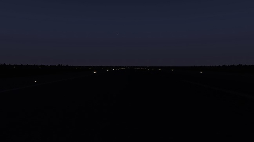 Runway edge lights seen by a pilot when the aircraft is 30 feet to the left of the runway centreline (Source: TSB, image created using the X-Plane Flight Simulator)