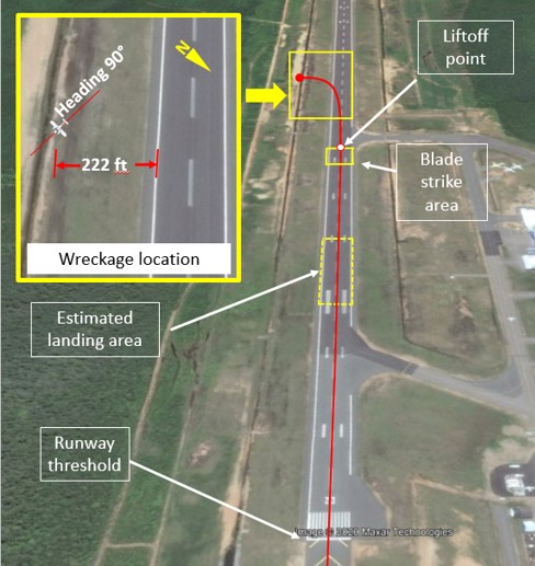 Runway 23 at CYRQ, with the inset image showing the location of the wreckage (Source: Google Earth, with TSB annotations)