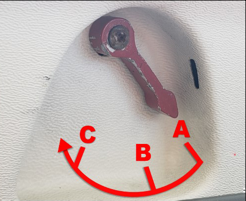 Movement of the emergency exit window handle from point A to point C, with resistance at point B (Source: TSB)