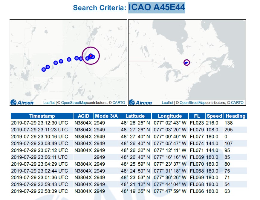 Aireon ALERT report for the aircraft (Source: NAV CANADA)