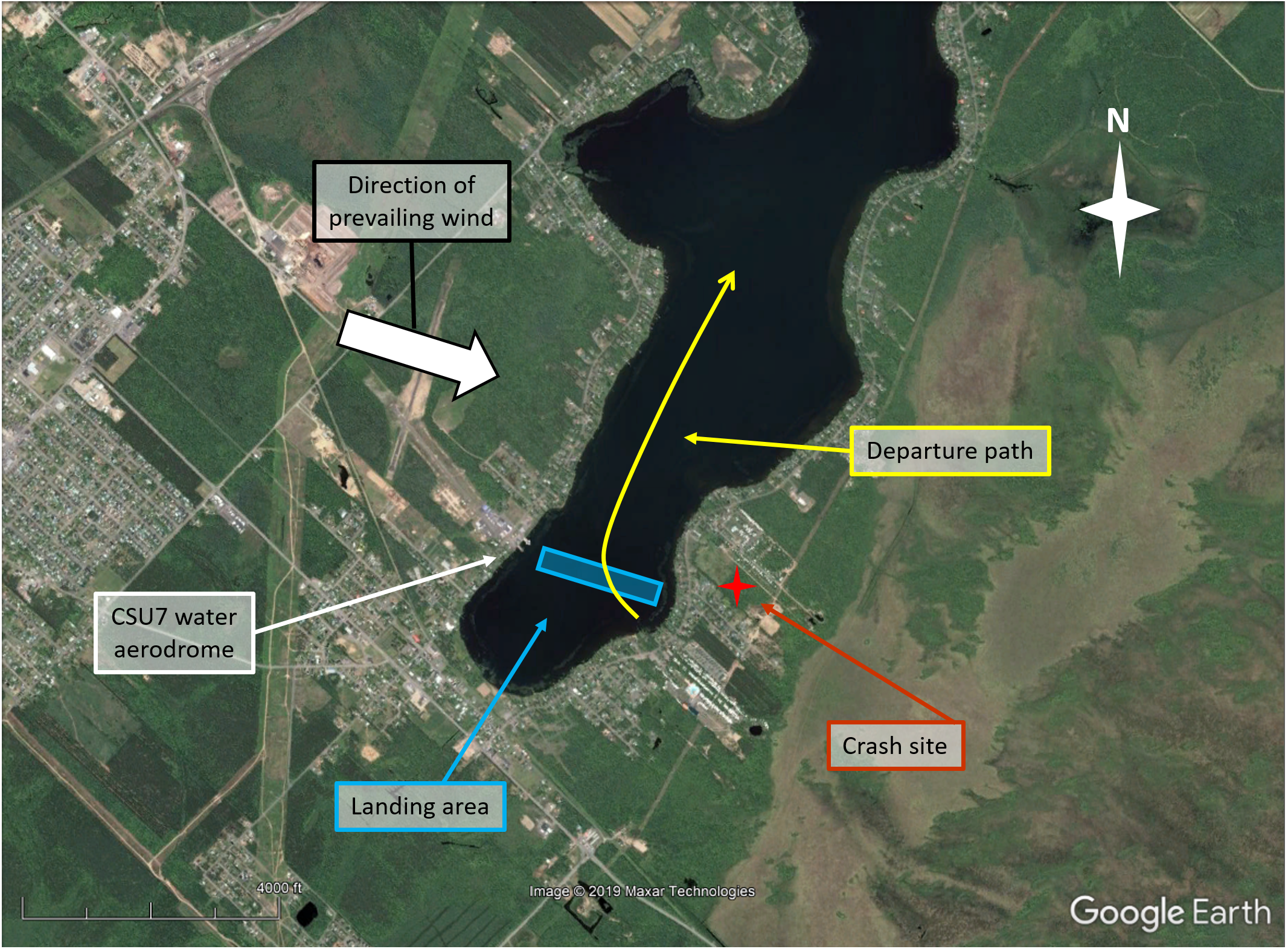 Map showing the departure path, the landing area, the direction of the prevailing wind and the crash site (Source: Google Earth, with TSB annotations)
