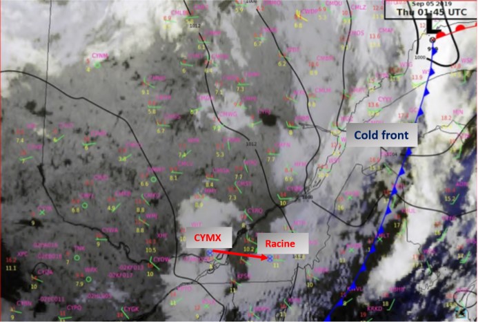 Multi-spectral satellite imagery valid at 2145 on 04 September 2019 depicting cold front (Source: Environment and Climate Change Canada, with TSB annotations)