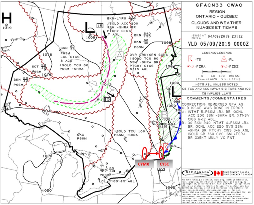 Graphic Area Forecast (GFA) Clouds and Weather Chart – GFACN33 issued at 1911 Eastern Daylight Time