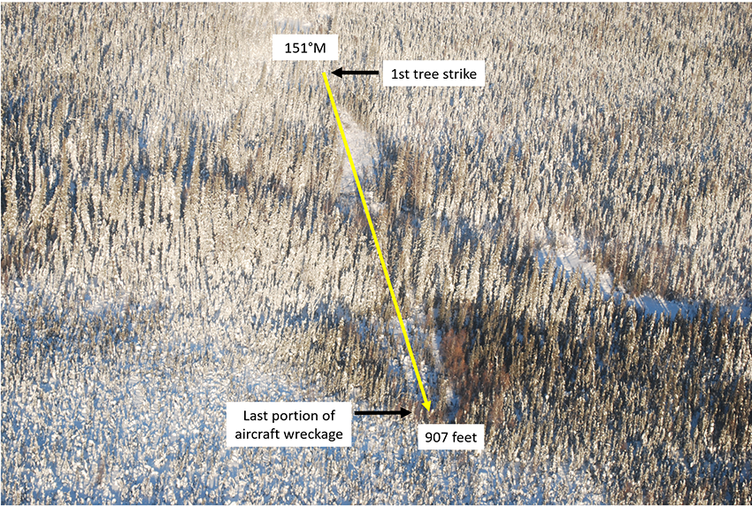 Occurrence site, with yellow line depicting the beginning and end of the wreckage trail (Source: TSB)
