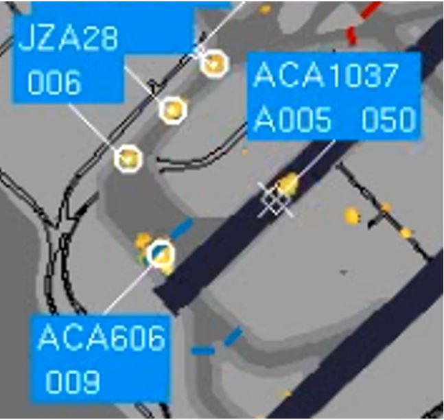 Screen shot magnification, taken at 0948:30, showing the change in status of the Embraer 190 (ACA1037) to in air at an altitude of 500 feet ASL (A005) and travelling at 50 knots (050) and the Boeing 777 (ACA606) travelling at 9 knots (009) (Source: NAV CANADA)