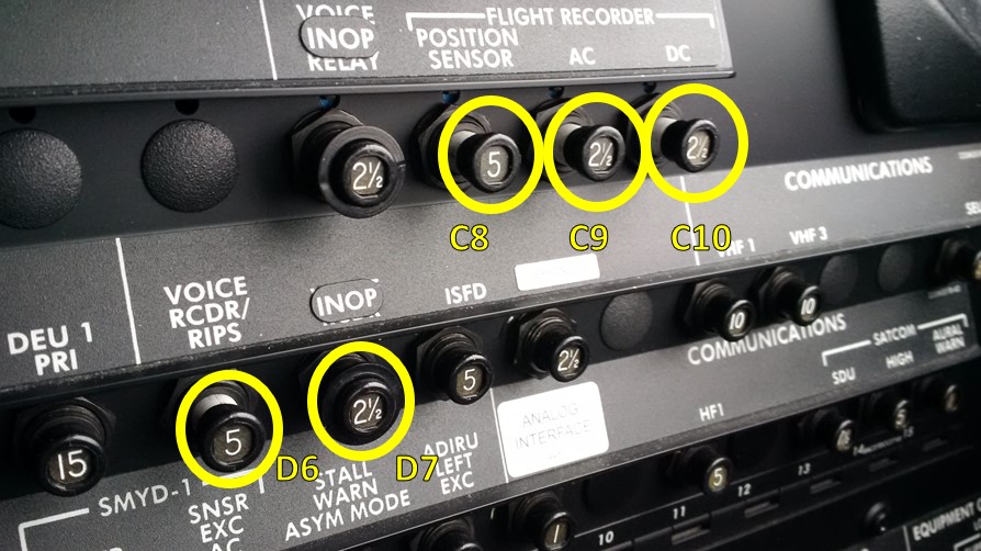 Occurrence aircraft panel with correct cockpit voice recorder and flight data recorder circuit breakers disabled (Source: TSB)