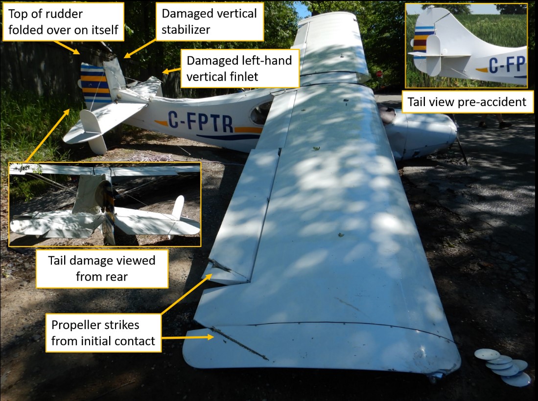 Damage to the Champion (Source of main image and tail damage inset image: TSB. Source of tail view pre-accident inset image: Third party, with permission)