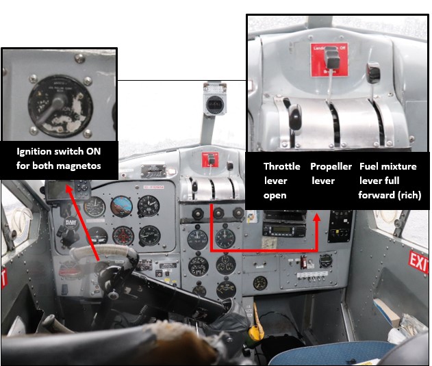 Photo, taken 5 hours after the occurrence, showing the aircraft engine control positions as found by the person responsible for maintenance 45 minutes after the occurrence (Source: Royal Canadian Mounted Police, with TSB annotations)