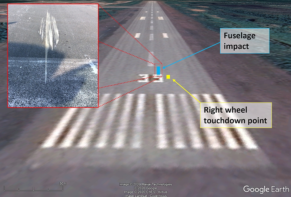 Wheel touchdown and fuselage impact points (Source of main image: Google Earth, with TSB annotations. Source of inset image: Schefferville Airport manager)