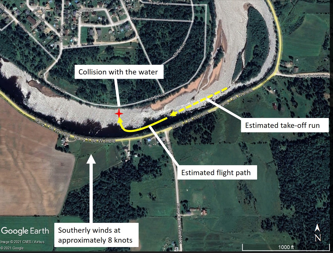 Satellite image illustrating the occurrence aircraft’s estimated take-off run and flight path, as well as the winds and the site of the collision with the water (Source: Google Earth, with TSB annotations)