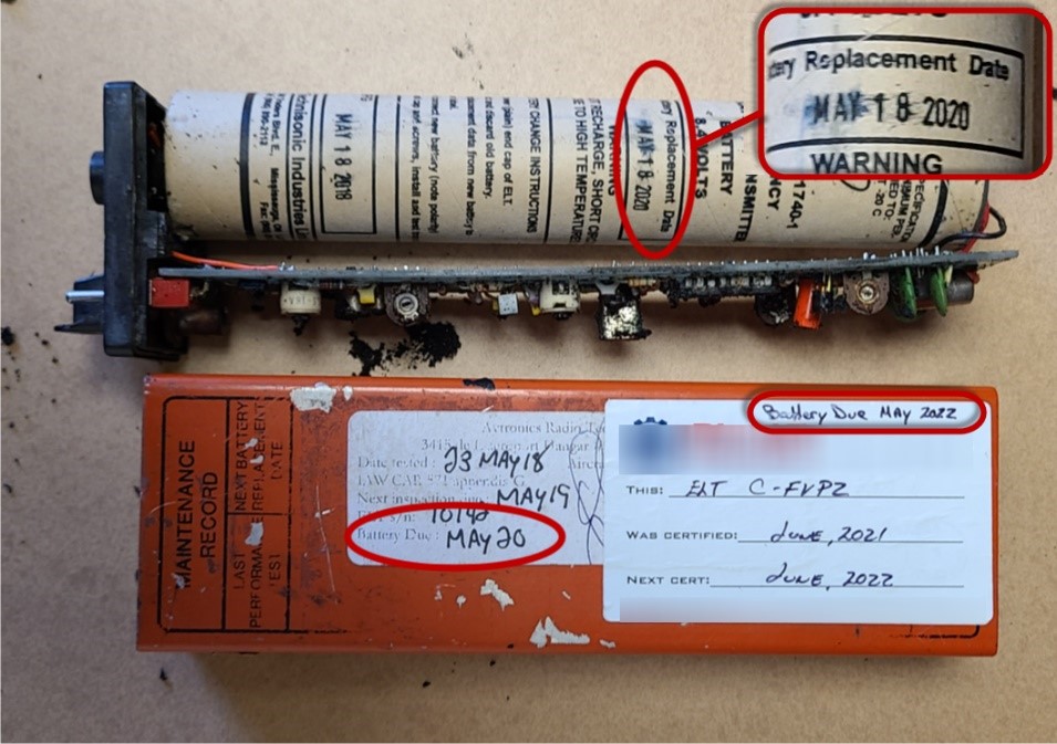 Photo of the emergency locator transmitter showing the replacement date of the internal battery in the close-up (Source: TSB)