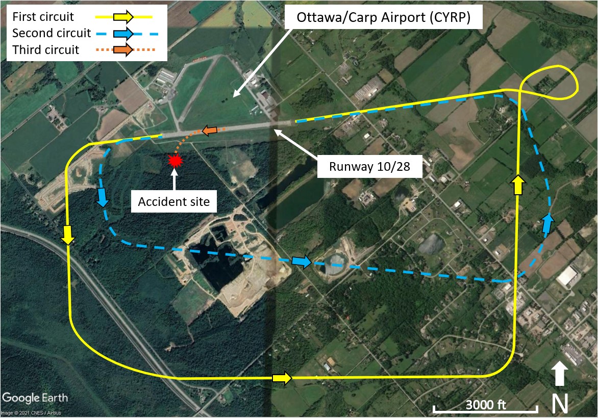 Map showing the occurrence aircraft’s circuits and the accident site (Source: Google Earth, with TSB annotations)
