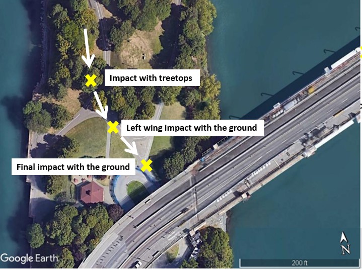 Image showing the occurrence aircraft’s impact sequence (Source: Google Earth, with TSB annotations)