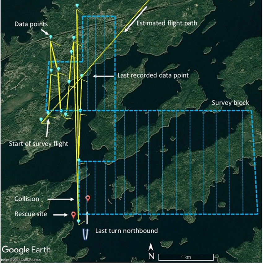 Recorded data points and estimated flight path* (Source: Google Earth and Spidertracks data, with TSB annotations)