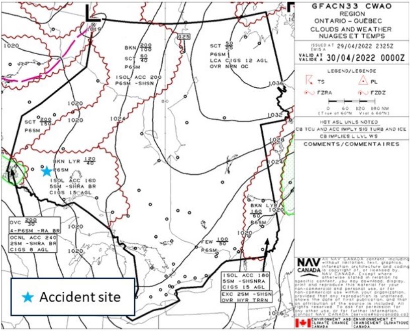 Graphic area forecast valid at the time of the occurrence, with the approximate accident location indicated by a star (Source: NAV CANADA, with TSB annotations)