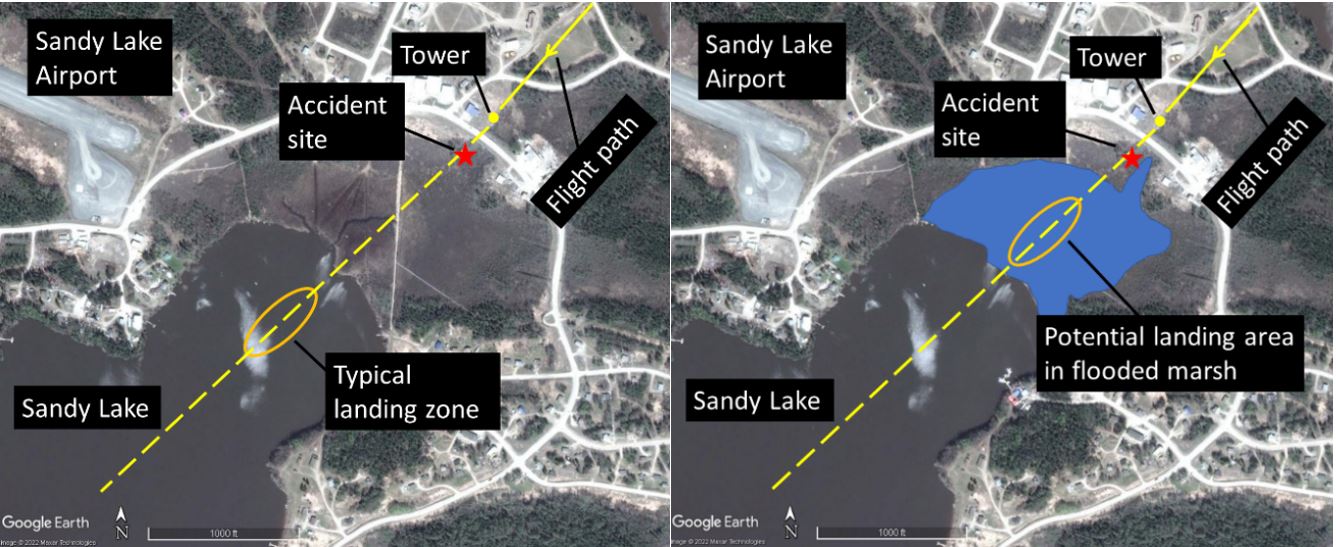 Map showing the accident area with normal water levels (left) and water levels on the day of the occurrence (right) (Source: Google Earth, with TSB annotations)