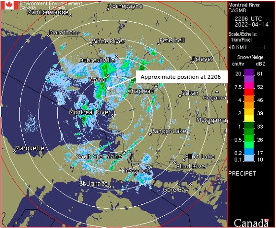 Weather radar information of the area, with the aircraft’s approximate position at 2206 Eastern Daylight Time (Source: Environment and Climate Change Canada, with TSB annotations)