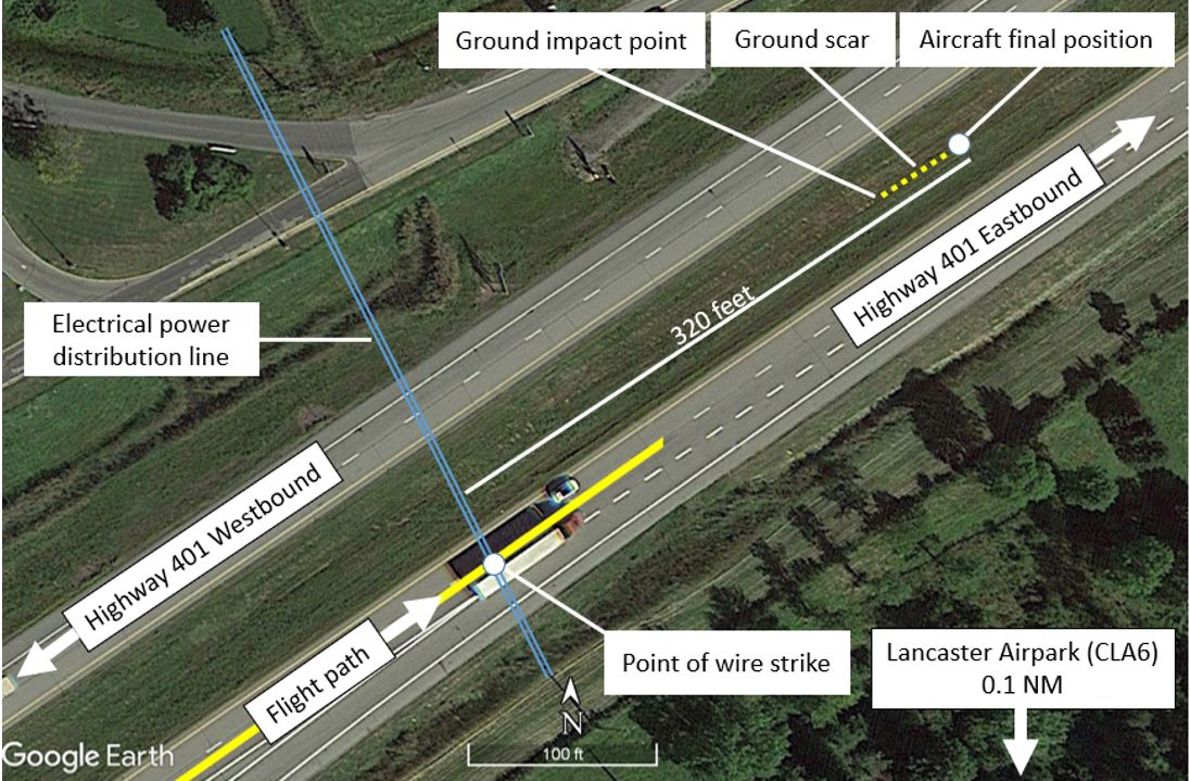 Aerial view of the accident location (Source: Google Earth, with TSB annotations)
