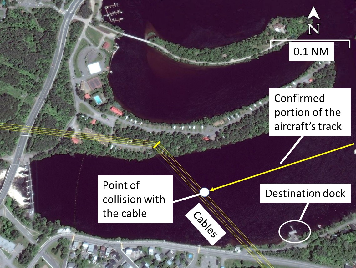 Image of the occurrence site, the aircraft’s known route, and the point of collision with the cable (Source: Google Earth, with TSB annotations)