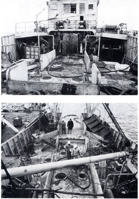  "NADINE" after salvage alongside dock showing main deck, looking forward (abOve) and aft (below). 