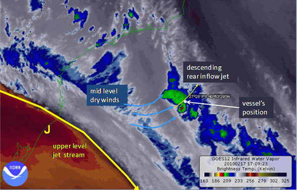Figure 4. Satellite infrared water vapour imagery taken at 1709 UTC. Approximately 13 minutes before the Concordia capsized. The position of the vessel is plotted. (Credit: NOAA)