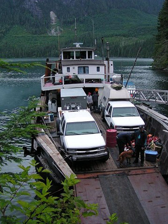 Image of the Lasqueti Daughters with bow ramp down, at Stuart Island, BC, 2004